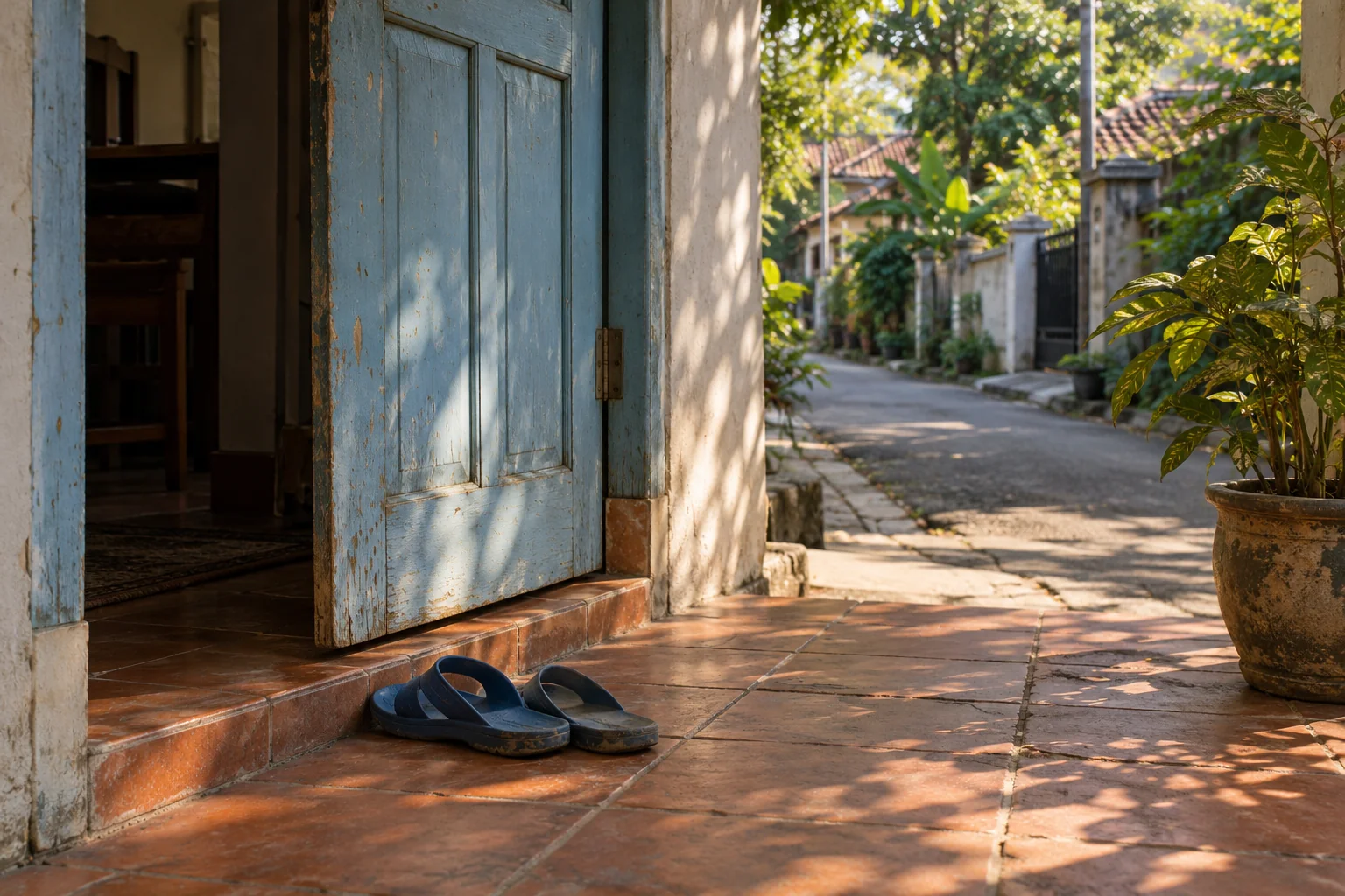 A blue door opening onto a leafy neighborhood lane, with sandals waiting on the doorstep